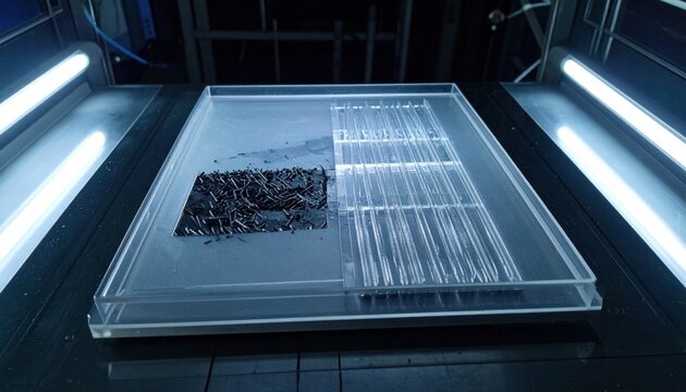 Intricate iron filings creating a distinct magnetic field pattern within a clear scientific tray, illustrating fundamental physics principles in a dimly lit laboratory setup.