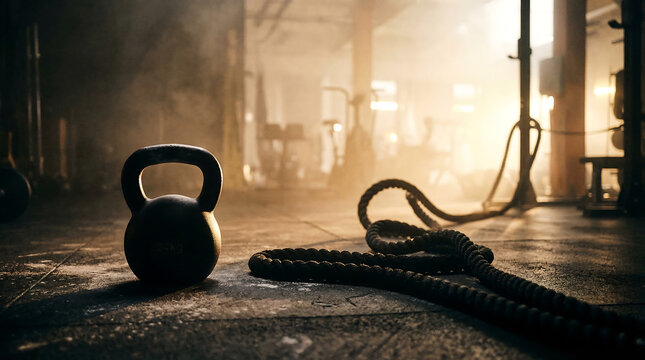 Dramatic backlit silhouette of kettlebell and battle rope in hazy atmospheric gym