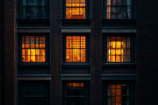 Warmly lit windows of urban building at dusk