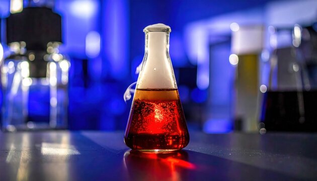 Dynamic liquid bromine forming dense reddish-brown vapor inside a stoppered glass Erlenmeyer flask, dramatically illuminated, showcasing an energetic chemical process.