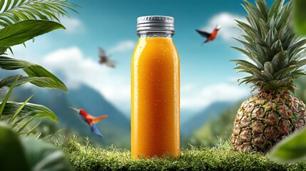Fototapeta premium Orange juice bottle placed on green moss with pineapple and tropical plants, vibrant background featuring mountains and colorful birds in a natural setting