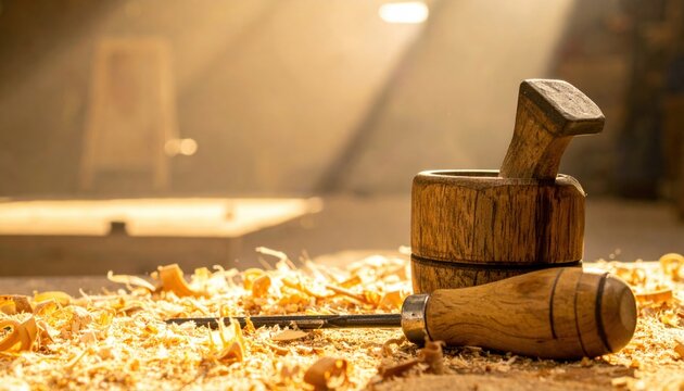 Robust wooden mallet and sharp chisels resting amidst golden wood shavings in a warm, sunlit workshop, ready for intricate carving.