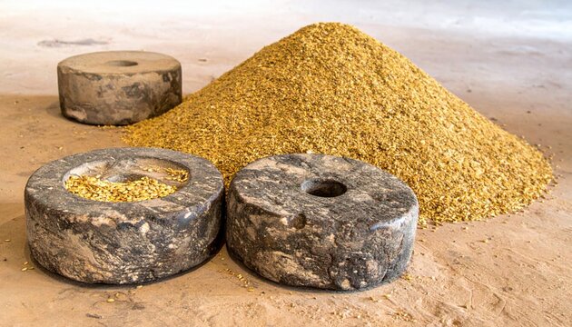 Primitive hand grinding stones next to a large heap of golden barley grains, showcasing ancient agricultural food preparation techniques.