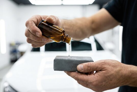 Auto detailer hands dripping ceramic coating liquid from glass bottle onto applicator sponge
