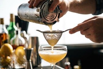 Bartender hands pouring and straining yellow shaken cocktail from metal shaker into glass