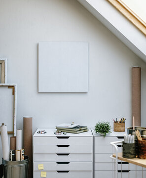 Square Canvas Mockup in Industrial Loft Art Studio, Scandinavian Interior, 3D Render