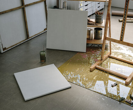 Square Canvas Mockup in Industrial Loft Art Studio, Scandinavian Interior, 3D Render