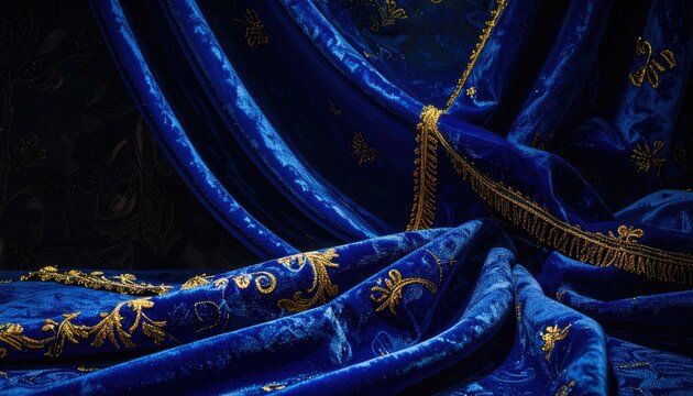 Opulent brocade fabric featuring intricate gold thread embroidery, elegantly draped in a rich sapphire blue hue, showcasing luxurious textile design.