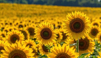 Fototapeta premium Vast field of radiant golden sunflowers with their cheerful faces turned towards the bright summer sun on a clear day, showcasing the beauty of the countryside.