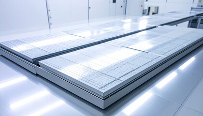 Obraz premium Meticulously stacked crystalline silicon wafers arranged neatly on a specialized cleanroom tray, illustrating advanced semiconductor production and high-tech manufacturing processes.