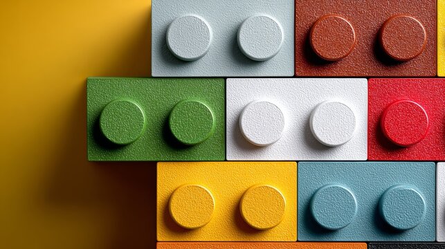 Colorful interlocking plastic building blocks arranged in a pattern against a yellow background, showcasing various shapes and textures for creative play and design