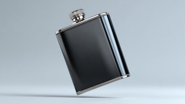 Black stainless steel hip flask with a polished finish, floating against a light gray background, showcasing its sleek design and modern aesthetic