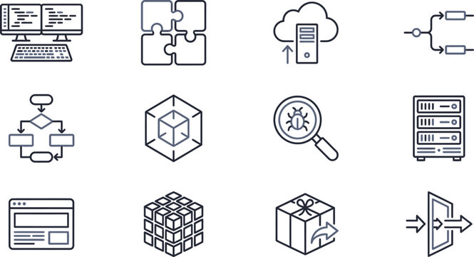 Collection of line icons representing software development, data processing, and system architecture concepts.