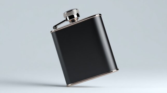 Stainless steel black hip flask with a silver screw cap, positioned at an angle against a light gray background, showcasing a sleek and modern design