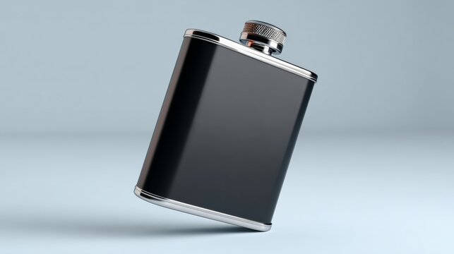 Black stainless steel hip flask with a silver screw cap, positioned against a light blue background, showcasing a sleek and modern design suitable for various occasions