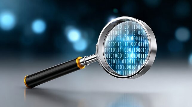 Magnifying glass focusing on binary code with a blurred blue background, representing data analysis and digital technology concepts in a modern context