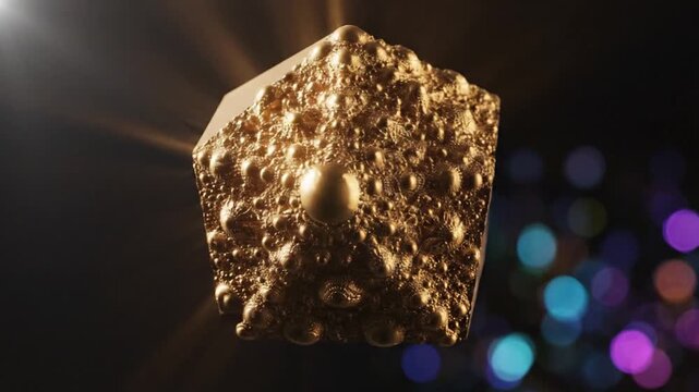A 3D gold cube with one side covered in a textured, molten gold substance, set against a dark background with colorful blurred lights