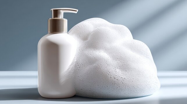 White pump bottle of liquid soap beside a large mound of foam on a smooth surface with soft lighting and a light blue background creating a clean aesthetic