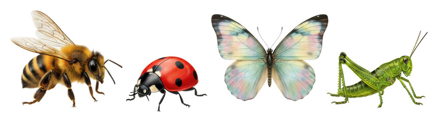 Obraz premium Insect exploration bees ladybugs butterflies grasshoppers in nature isolated on transparent background