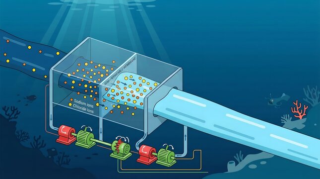 Abstract Flat Illustration of Deep Sea Osmotic Power Generation from Salinity Gradient with Large Copy Space