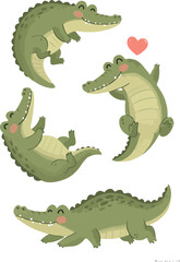 Fototapeta premium Cute Pixel Alligator Set Isolated Green Cartoon Reptile Characters