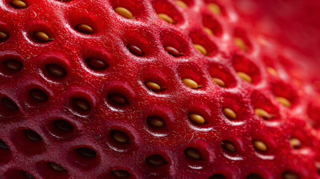 Ripe strawberry surface close-up showing vibrant red skin with embedded yellow achenes, highlighting the intricate organic texture and detail of fresh, healthy berry fruit