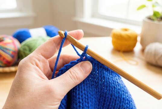 Close up of hands using bamboo crochet hook to crochet bright blue yarn
