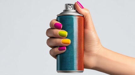 Naklejka premium Hand holding a colorful spray paint can with vibrant nail polish in shades of pink, yellow, and green against a light gray background