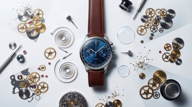 Premium blue chronograph wristwatch with leather strap set against a white background with disassembled mechanical components, gears, and watchmaking tools illustrating horological craft.