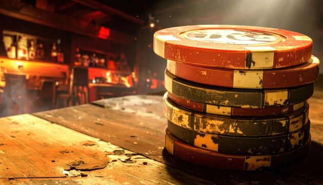 A stack of authentic, slightly scuffed casino chips in various denominations rests on a weathered wooden table, set against a dimly lit bar background.