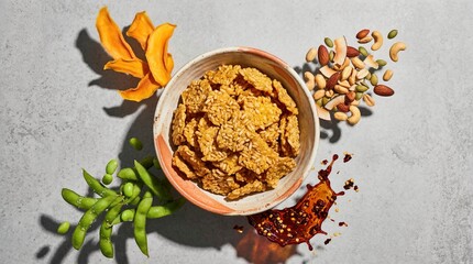 Fototapeta premium A top-down view of a rustic bowl filled with crunchy rice crackers, surrounded by dried mango, mixed nuts, edamame, and a dynamic splash of spicy chili oil on a gray concrete background.