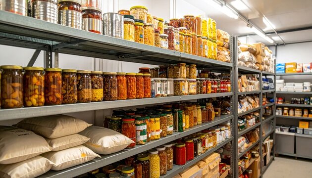 Extensive stockpile of meticulously arranged canned goods, dried fruits, and grains filling metal shelves in a well-organized storage room, demonstrating preparedness.