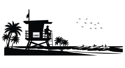 Fototapeta premium Vector silhouette of lifeguard tower on beach with palm trees