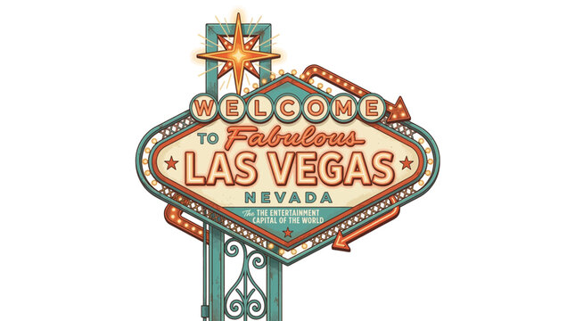 A classic welcome sign for Las Vegas, Nevada, illuminated with colorful bulbs and a starburst, evoking vintage charm and a retro roadside attraction vibe