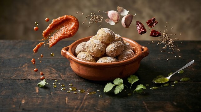 Traditional Papas Arrugadas wrinkled potatoes in a clay pot with levitating ingredients like garlic, cumin, chili, and mojo picon sauce on a rustic wooden table for gourmet concept.