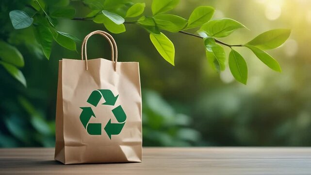 Eco Friendly Paper Shopping Bag with Recycle Symbol in Natural Setting