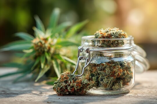 Glass jar filled with dried medical cannabis buds on a wooden table