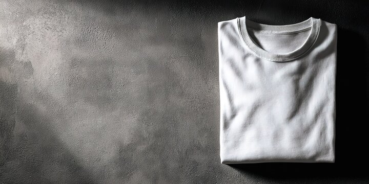 Flat lay of folded white t-shirt mockup on dark textured stone background