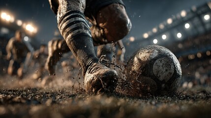 Fototapeta premium A dynamic, low-angle shot captures the intense moment a soccer player kicks a ball, with mud and turf exploding outwards against the green field