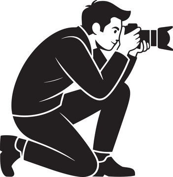 Photographer taking picture with camera for media and creative app ui, minimalist vec