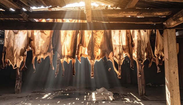 Animal hides drying and curing in rustic wooden structure with dramatic sunlight beams