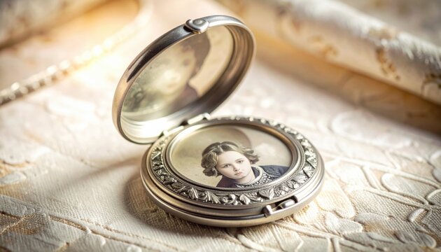 A beautifully detailed silver locket with intricate engraved floral patterns, slightly tarnished, lying open and displaying a vintage woman's portrait inside.