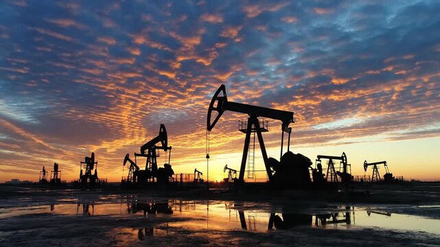 Oil Pumpjacks Silhouetted Against a Dramatic Sunset Sky.