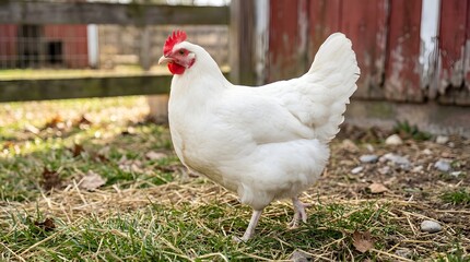 Isolated, beautiful, well-fed white chicken in a relaxed pose, domestic animal in full view