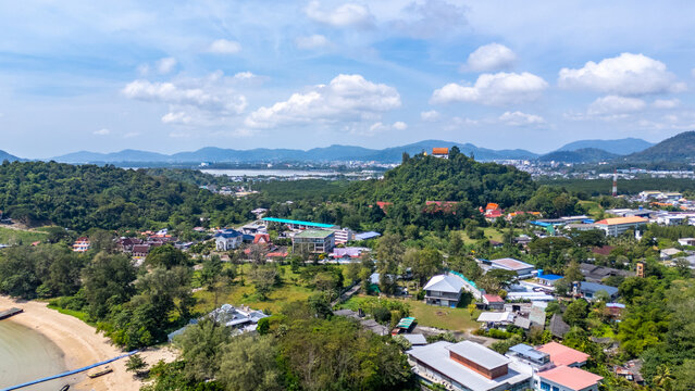 Beachfront luxury jungle beach resort Siray Bay Phuket Thailand aerial view