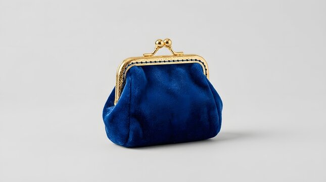 Isolated blue velvet coin purse with gold clasp for carrying cash, change and small items