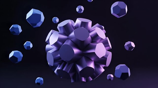 Abstract 3D Render of Geometric Shapes in Purple and Blue Hues Floating in Dark Space.