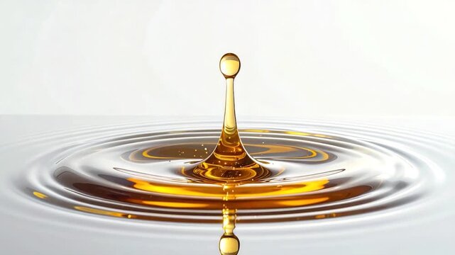 Golden liquid drop creates ripple effect in calm reflective surface