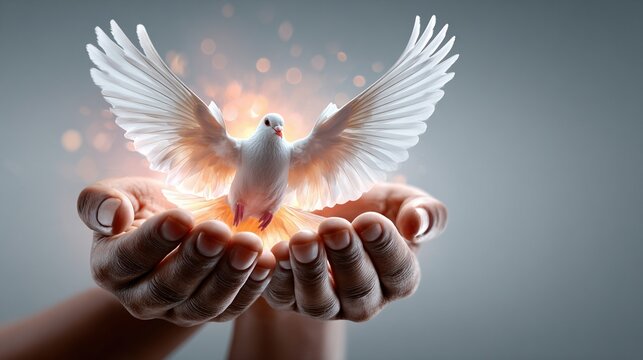 White dove rising from open human hands with radiant light and soft sparkles on clean background, symbol of peace and unity, hope and reconciliation, peace after war, goodness and life win, triumph