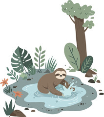 Fototapeta premium Cute Sloth Enjoys Water Splash in Tropical Jungle with Orange Flowers